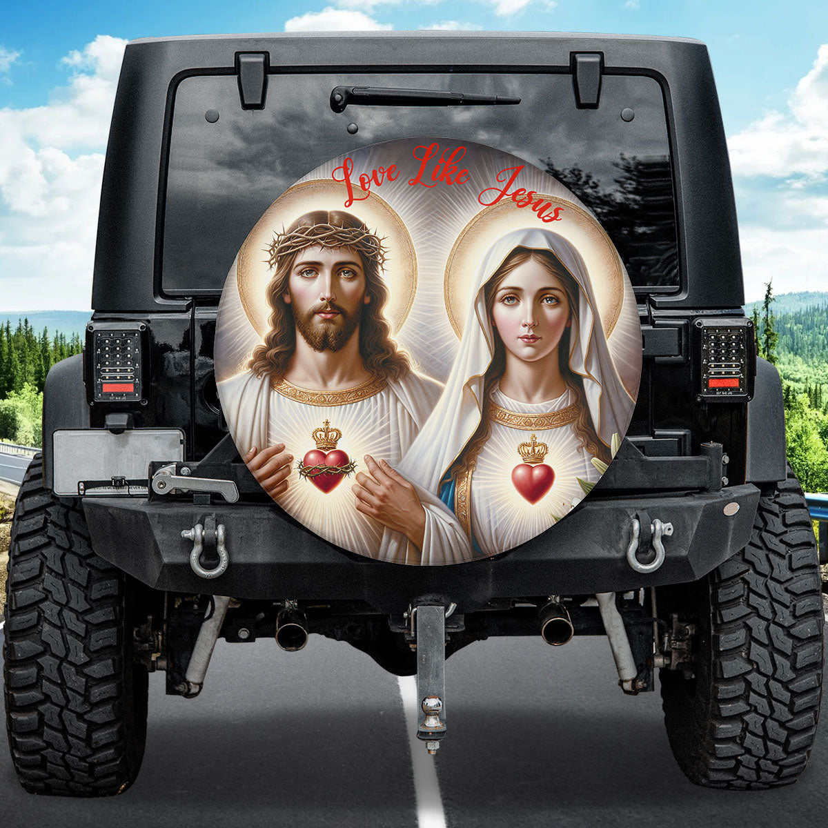 Teesdily | Jesus Mary Sacred Heart Spare Tire Cover, Love Like Jesus Tire Wheel Cover, Christian Car Accessories, Jesus Christ Durable Tire Protector