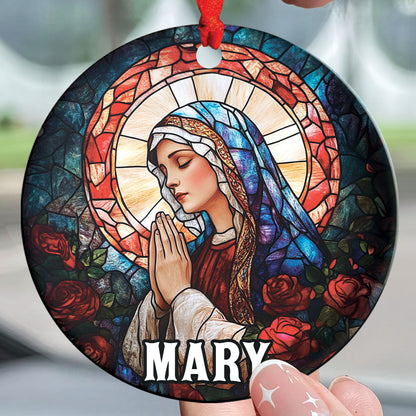 Teesdily | Customized Mary Rose Stained Glass Printed Ornament, Jesus Mary Ornament Christmas, Religious Art Christmas Gift Mom