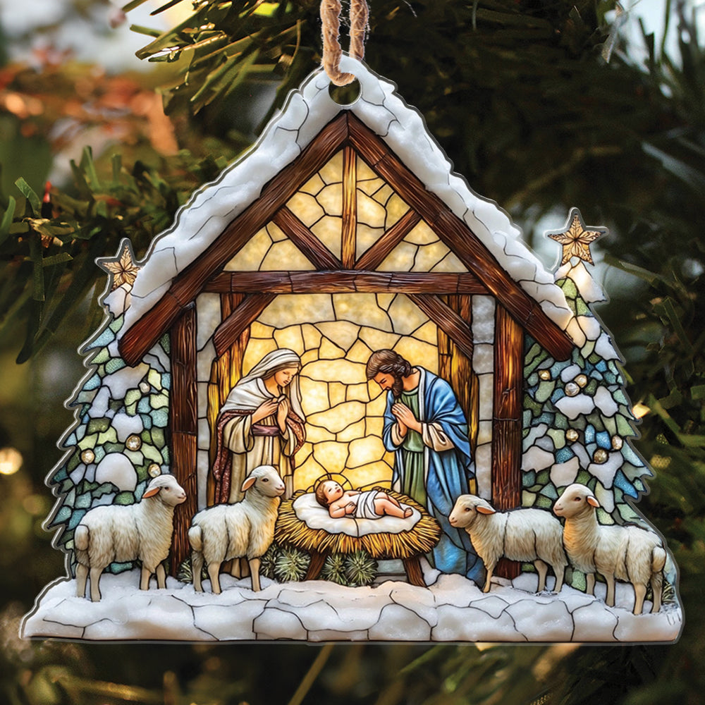 Teesdily | Nativity Scene Acrylic Ornament , Nativity Jesus Snowy House Christmas Ornament, Religious Jesus Lover Gift