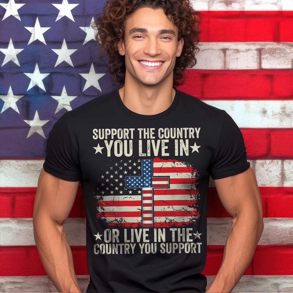 Teesdily | American Flag Jesus Cross Shirt, Support The Country You Live Tee Sweatshirt Hoodie Mug, Jesus Lovers Gifts, Patriotism Shirt