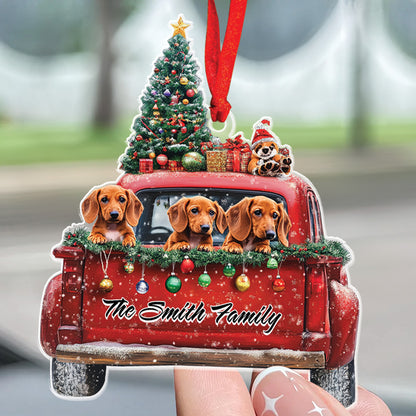 Teesdily | Customized Dachshund Mountain On Red Truck Christmas Ornament, Christmas Dog 2D Ornament, Dog Mom Pet Christmas Gift