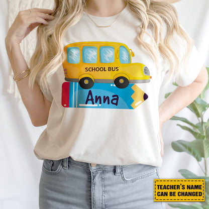 Teesdily | Teacher Customized School Bus Pencil Shirt, Back To School Day T-shirt, Teacher Life Sweatshirt Hoodie Mug, First Day Of School Gifts