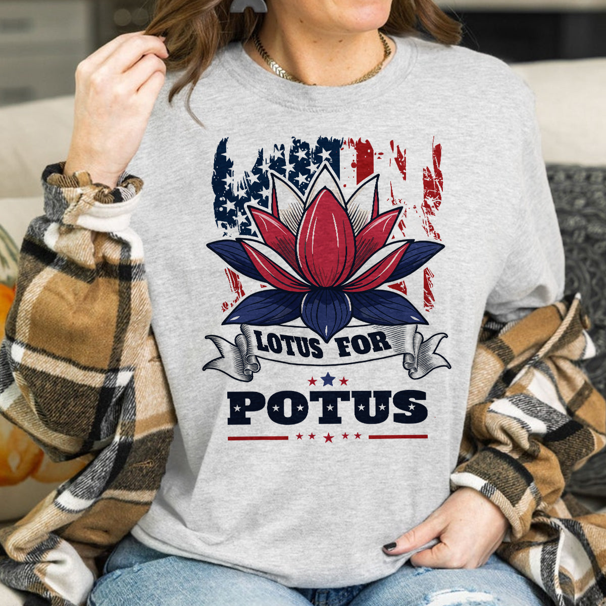 Teesdily | Namaste Lotus Shirt, Lotus For Potus Sweatshirt Hoodie Mug, American Flag Patriot Gift For Women, Girl Power Tee