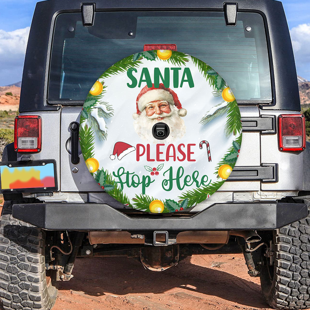 Teesdily | Santa Please Stop Here Car Spare Tire Cover, Christmas Wreath Santa Claus Wheel Cover, Christmas Car Tire Protector, Xmas Gift Decor