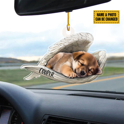 Teesdily | Personalized Photo Pet Loss Memorial Ornament Car Hanger, Sleeping Pet Within Angel Wings Plastic Ornament, Loss Pet Gifts, Dog Lovers Gift