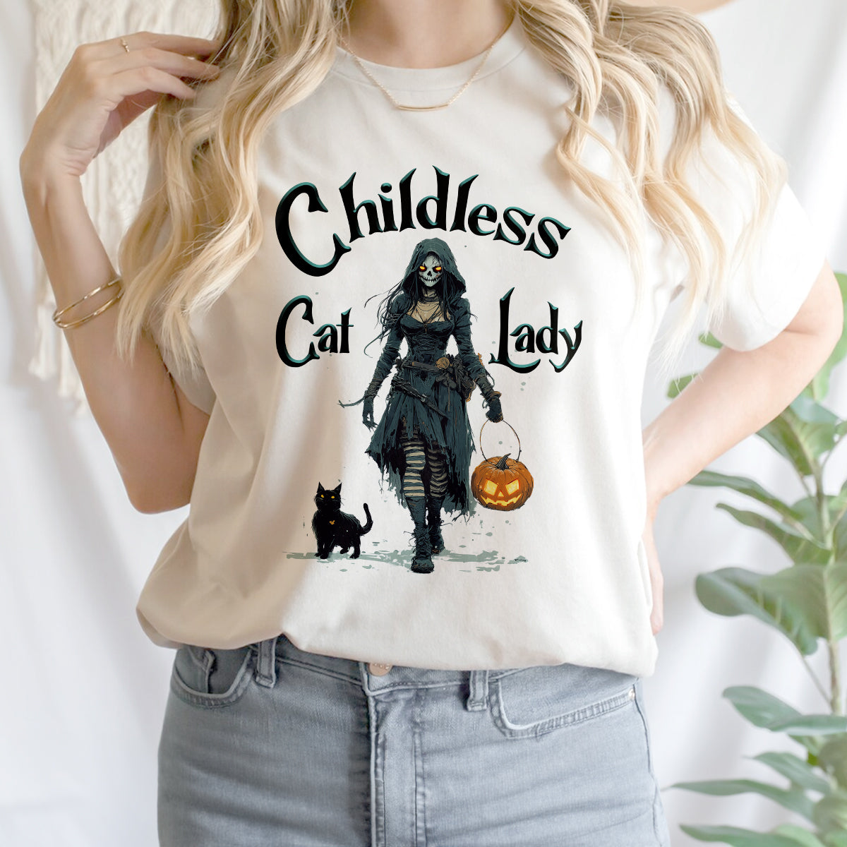 Teesdily | Childless Cat Lady Shirt, Halloween Pumpkin Witch And Cat Sweatshirt, Witchy Black Cat Hoodie Mug, Skeleton Witch T-shirt