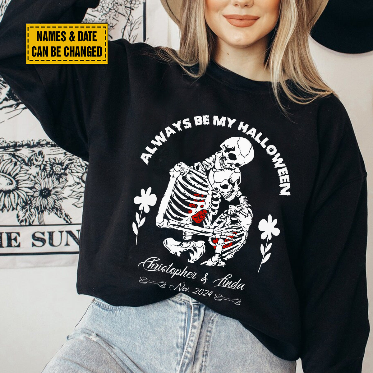 Teesdily | Customized Skeleton Couple Hug Shirt, Always Be My Halloween Sweatshirt Hoodie Mug, Gothic Skeleton Shirt, Matching Couple Shirt Gift