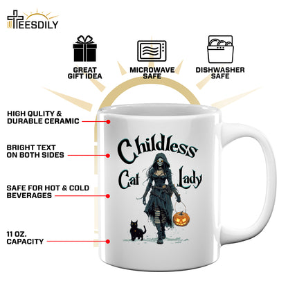 Teesdily | Childless Cat Lady Shirt, Halloween Pumpkin Witch And Cat Sweatshirt, Witchy Black Cat Hoodie Mug, Skeleton Witch T-shirt