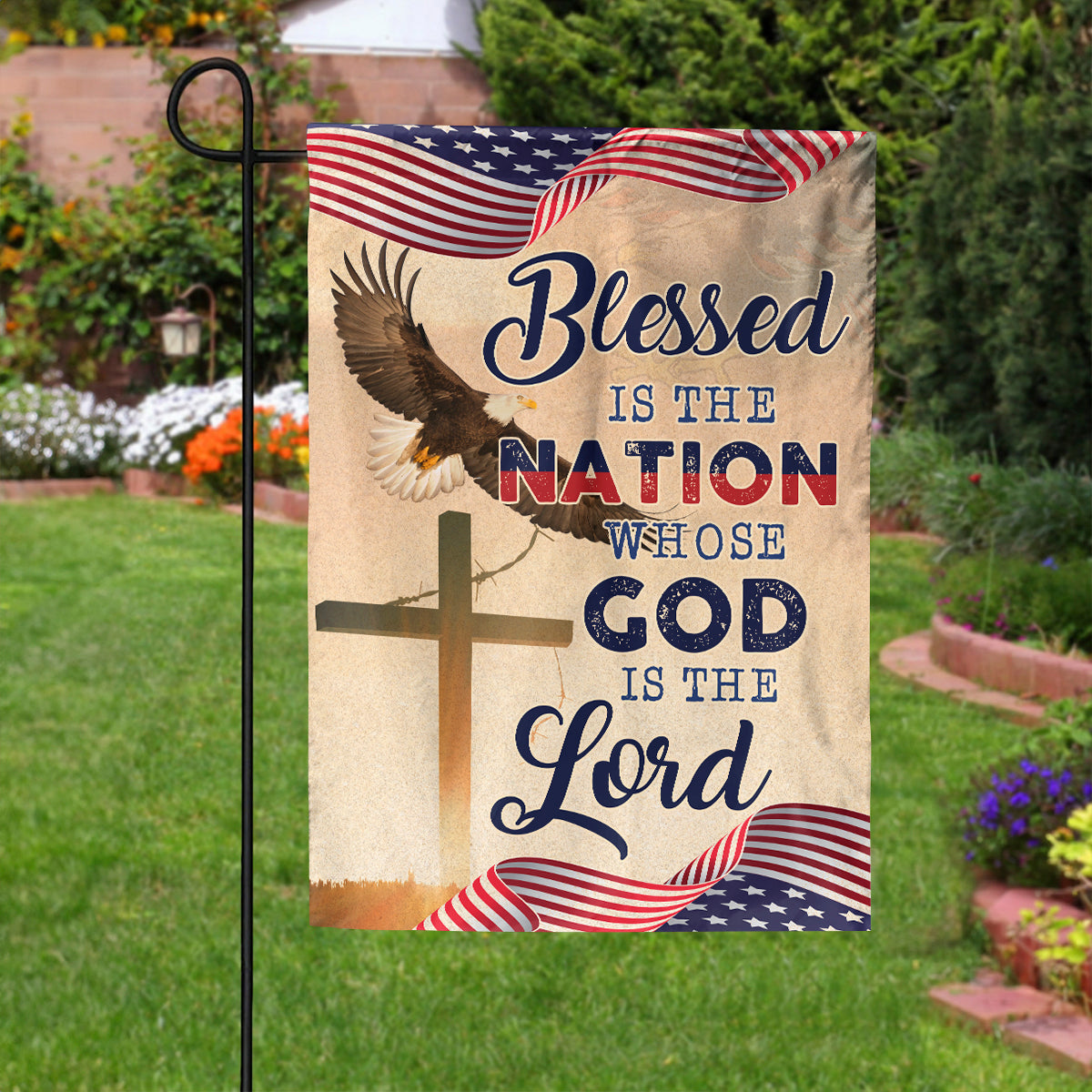 Teesdily | God Cross Eagle American Flag, Blessed Is The Nation House Flag, Independence Day Home Decor, Christian Garden Flag, God Lover Gifts