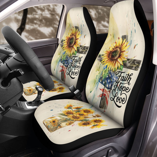 Teesdily | Christ Cross Sunflower Sar Seat Covers, Faith Hope Love Christ Seat Protectors, Sunflower American Flag Front Seat Cover Car Accessories