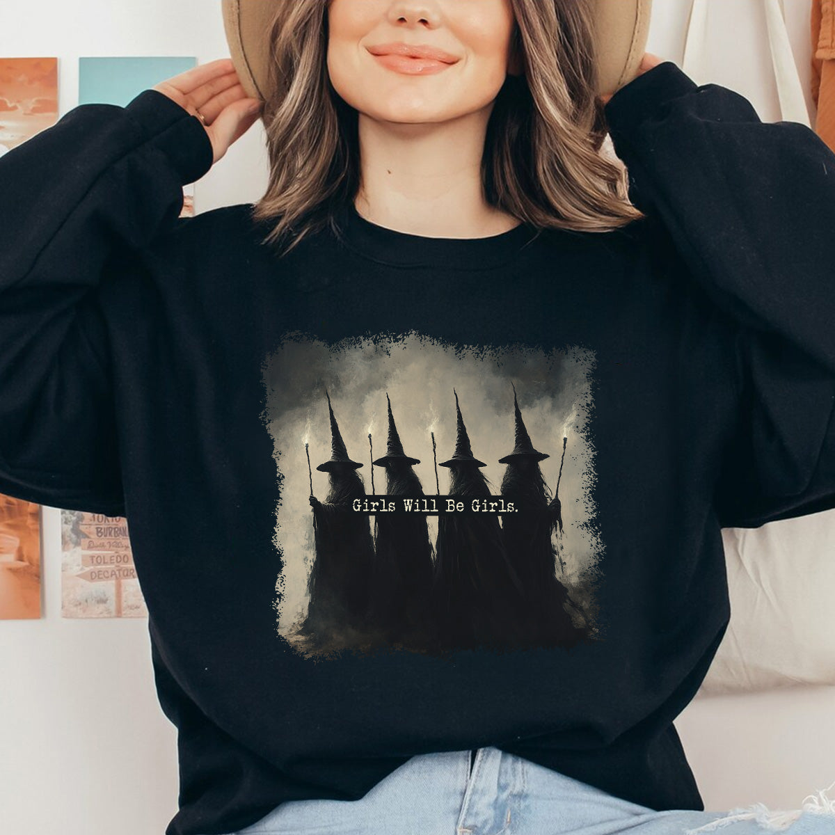 Teesdily | Vintage Girls Will Be Girls Witch Shirt, Halloween Witch T-shirt, Funny Witch Vintage Sweatshirt, Vintage Halloween Hoodie Women Gift