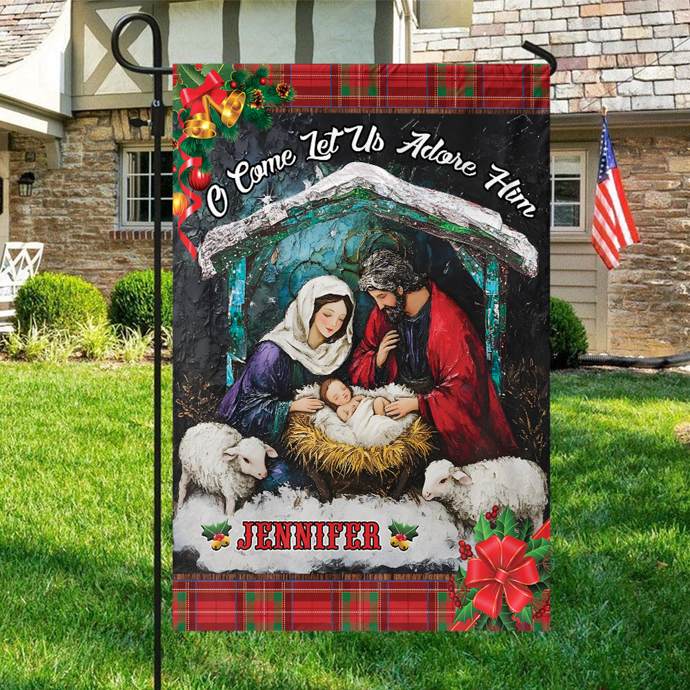 Teesdily | Customized Jesus Nativity Christmas Garden Flag, O Come Let Us Adore Him House Flag, Jesus Birth Gift, Xmas Gift