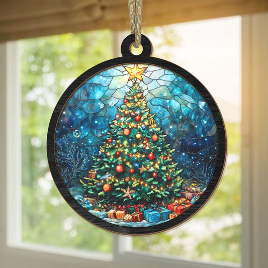 Teesdily | Christmas Tree Suncatcher, Christmas Tree With Bauble Light Stained Glass Suncatcher, Christmas Gift, Christmas Ornament Decoration