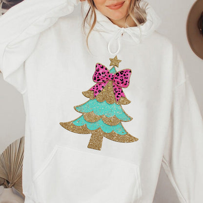 Teesdily | Christmas Tree Bow Shirt, Christmas Coquette Bow Glitter Leopard Sweatshirt, Christmas Hoodie Mug For Women