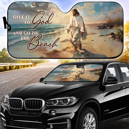 Teesdily | Jesus Beach Car Windshield Sun Shade, Give It To God And Go To The Beach Car Window Sunshade, Christian Religious Folding Sun Shade