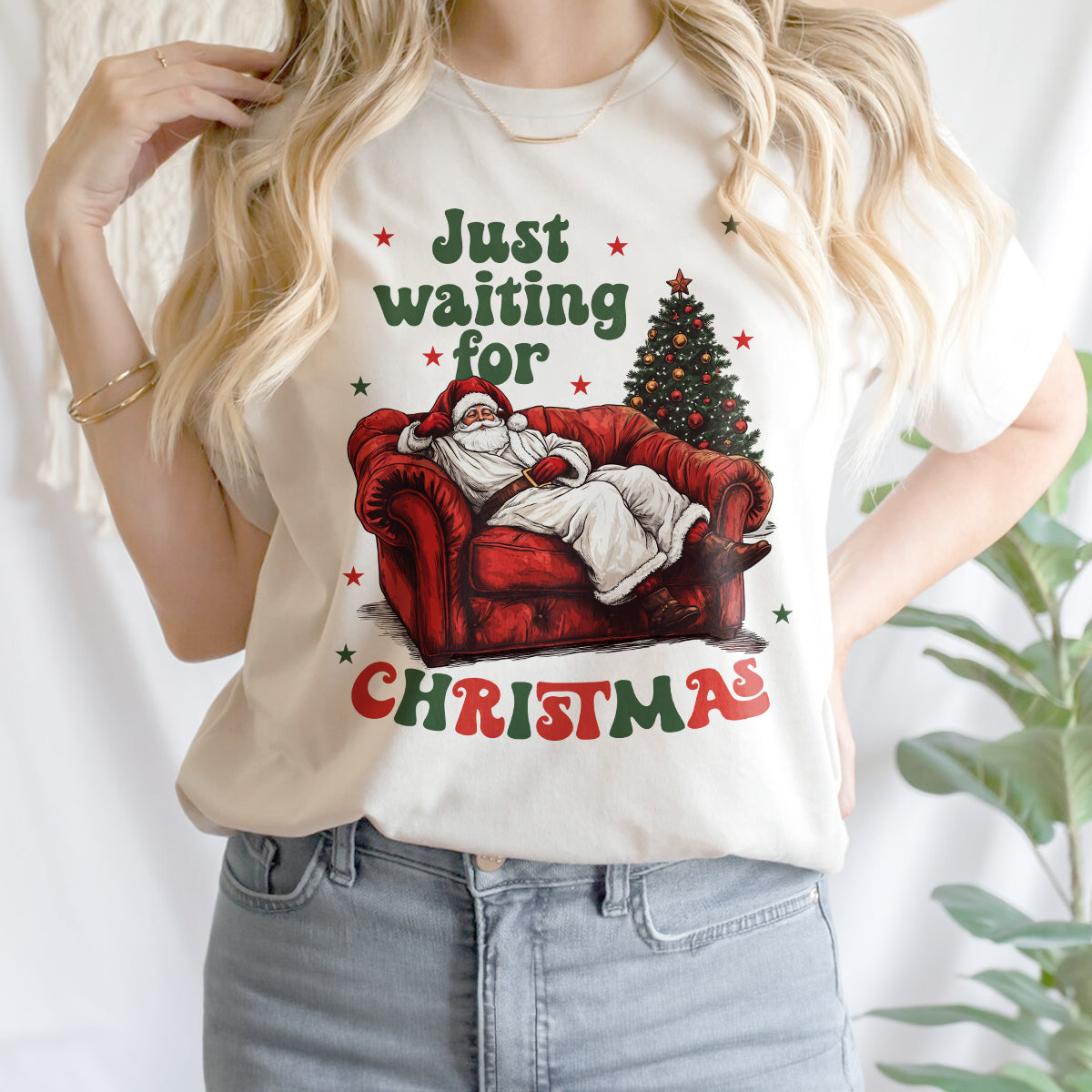 Teesdily | Just Waiting For Christmas Shirt, Santa Sofa Christmas Lights Tee 2024, Santa Claus Sweatshirt Hoodie Mug, Holiday Gift