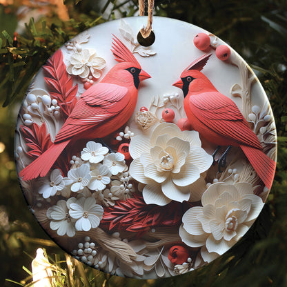 Teesdily | Christmas Cardinal Bird 2D Flat Ceramic Ornament, Couple Cardinal Bird Snowy Flower Christmas Gift, Xmas Ornament