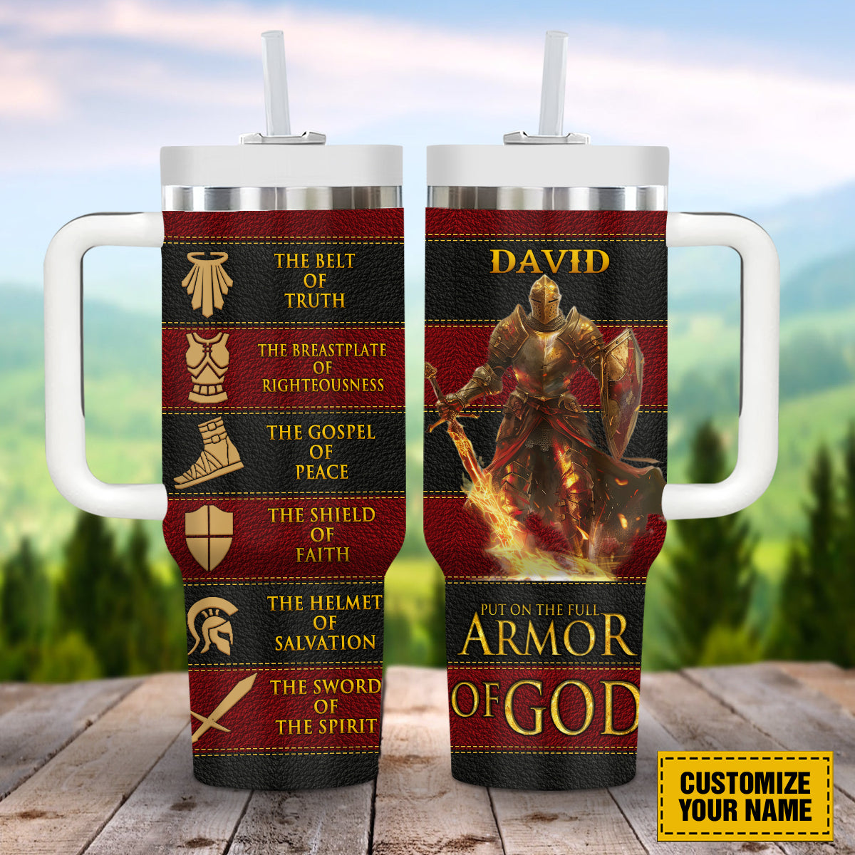 Teesdily | Personalized Armor Of God Tumbler, Put One The Full Armor Of God Water Tumbler, Faith Jesus Religious 40oz Tumbler With Handle & Straw