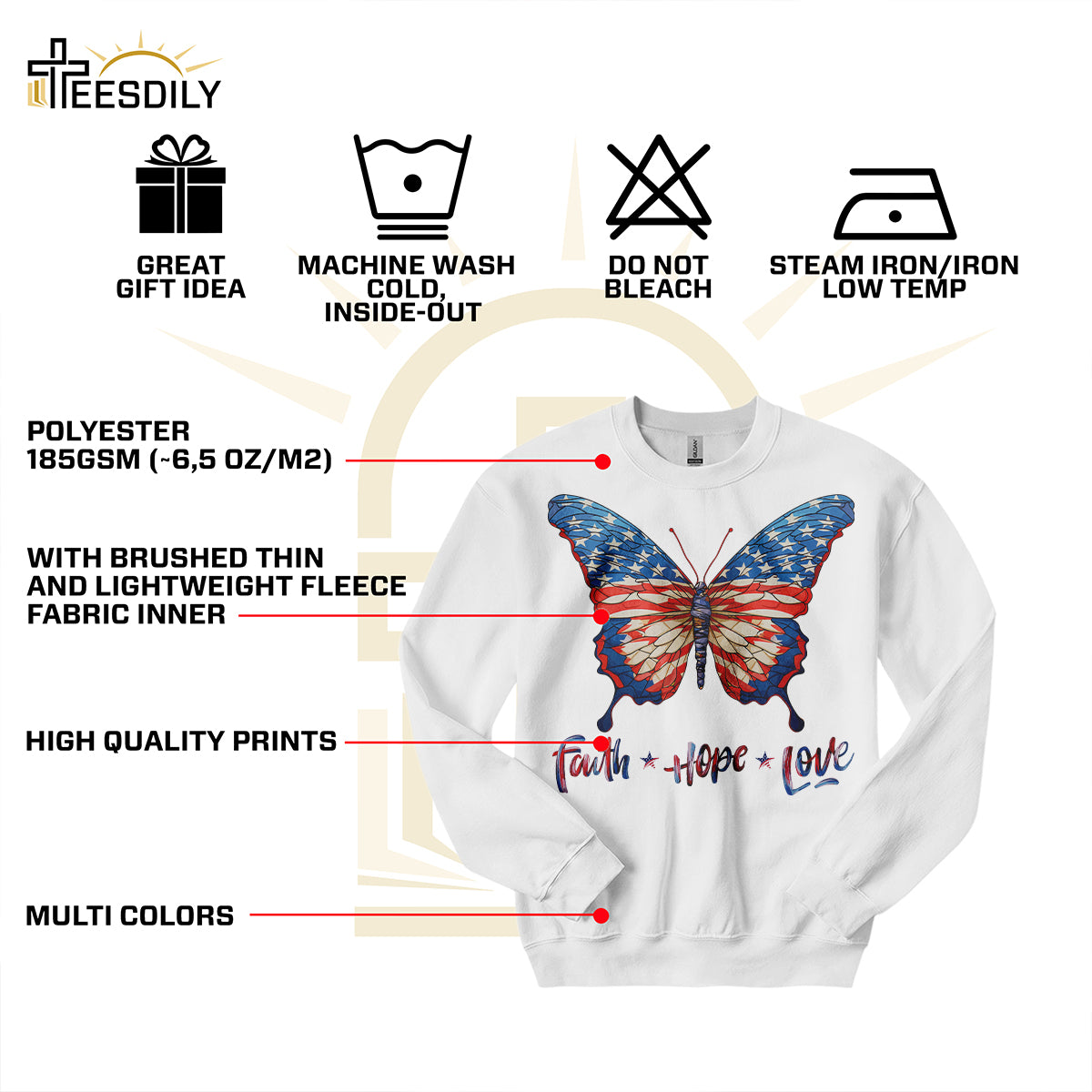 Teesdily | Jesus Butterfly American Flag Shirt, Faith Hope Love US Pride Patriotic T-shirt, Independence Day Sweatshirt Hoodie, Butterfly Lover Gifts