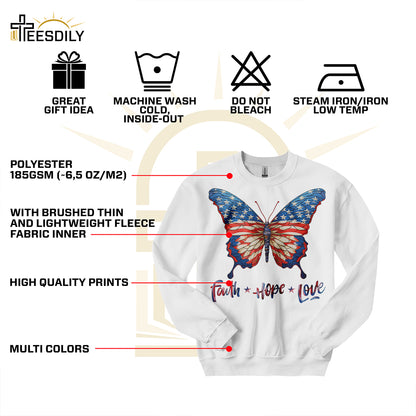 Teesdily | Jesus Butterfly American Flag Shirt, Faith Hope Love US Pride Patriotic T-shirt, Independence Day Sweatshirt Hoodie, Butterfly Lover Gifts