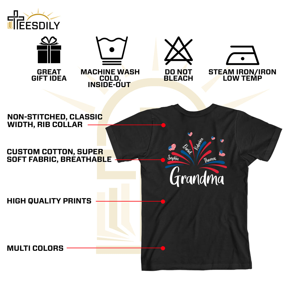 Teesdily | Customized Grandma American Flag Shirt, Fireworks Heart Mom Sweatshirt, Mama And Kids T-Shirt, Mom Papa Mug Cup, Independence Day Gifts