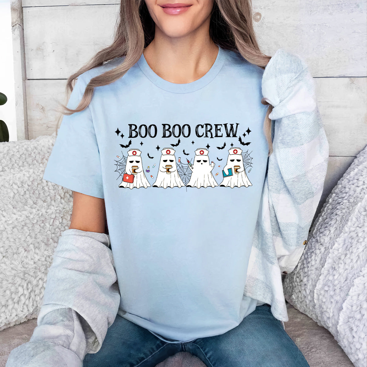 Teesdily | Cute Ghost Nurse Halloween Shirt, Boo Boo Crew Tee Sweatshirt Hoodie Mug, Happy Halloween Gift, Spooky Season Gifts, Nurse Halloween Gift