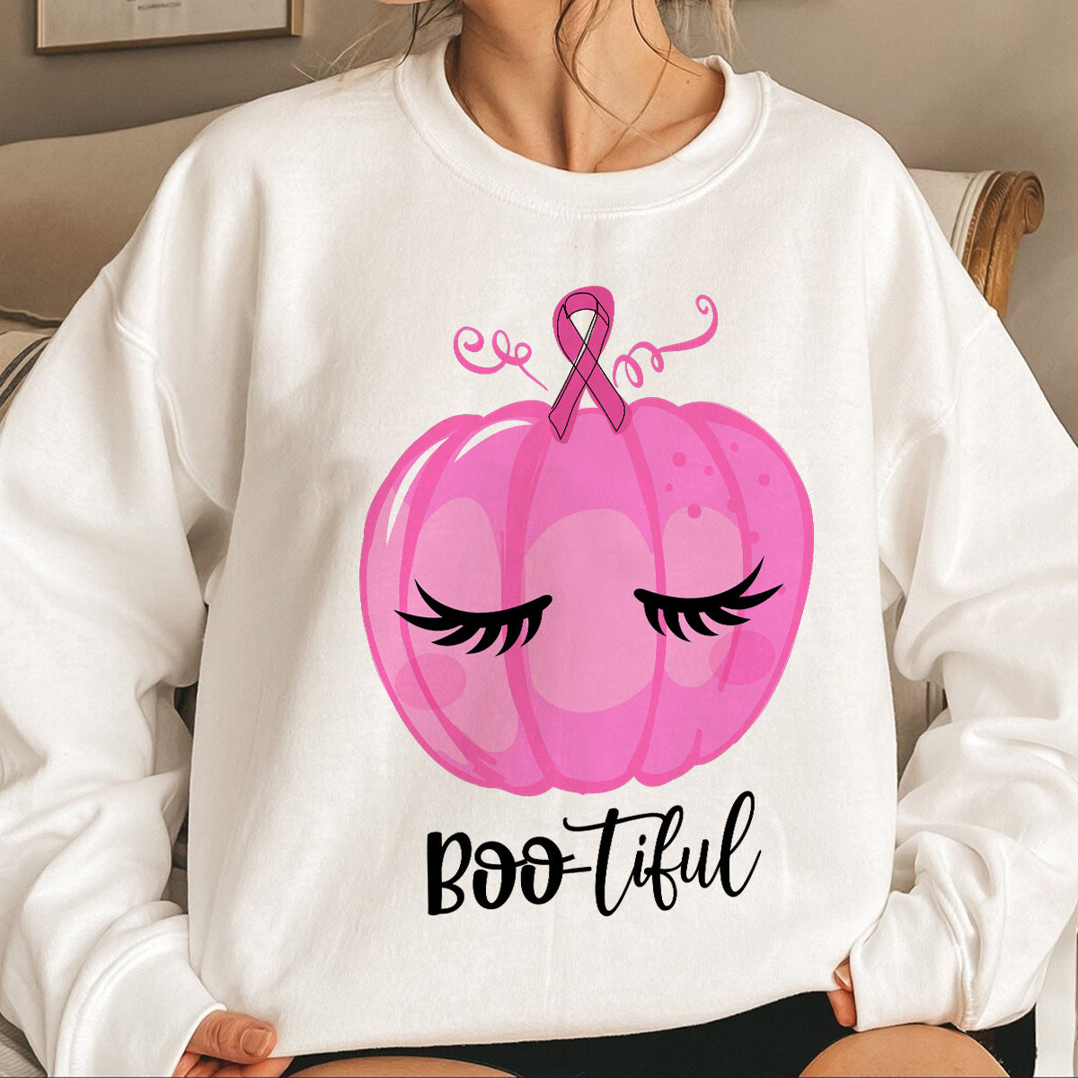 Teesdily | Pink Pumpkin Bootiful Shirt, Breast Cancer Halloween Sweatshirt, Pink Ribbon Pumpkin Cancer Fighter Hoodie Mug, Cancer Month Gift