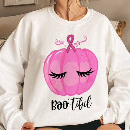 Teesdily | Pink Pumpkin Bootiful Shirt, Breast Cancer Halloween Sweatshirt, Pink Ribbon Pumpkin Cancer Fighter Hoodie Mug, Cancer Month Gift