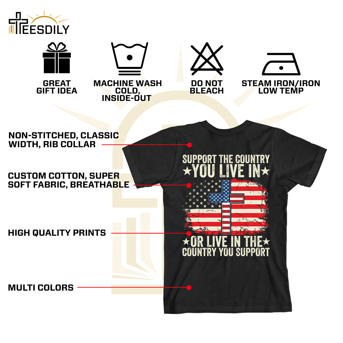 Teesdily | American Flag Jesus Cross Shirt, Support The Country You Live Tee Sweatshirt Hoodie Mug, Jesus Lovers Gifts, Patriotism Shirt