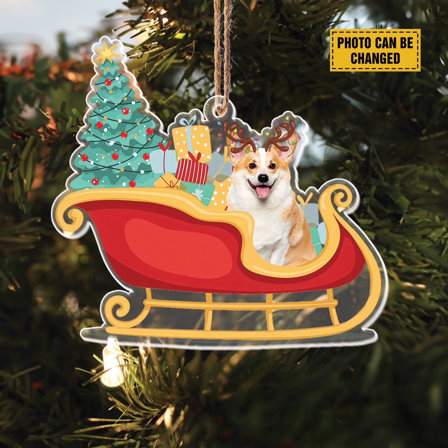 Teesdily | Customized Photo Dog Christmas Ornament, Corgi Santa Sleigh Hanging Ornament, Pet Christmas Gift Boxes, Dog Ornament, Dog Mom 2024 Gift