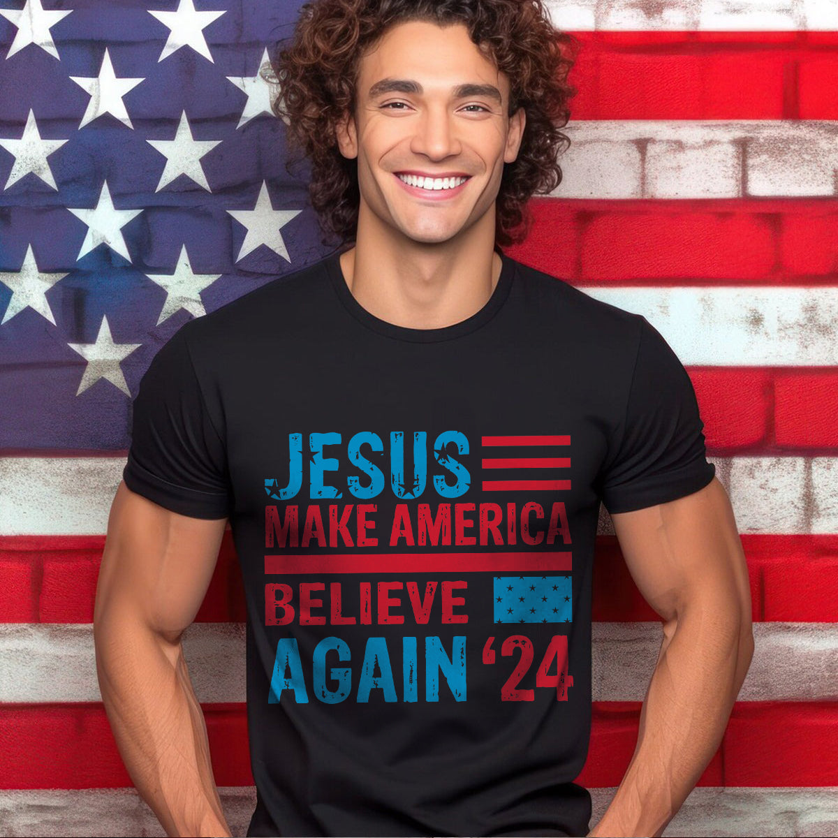 Teesdily | American Flag Jesus Shirt, Jesus Make America Believe Again '24 Tee Sweatshirt Hoodie Mug, Christian American Pride Gift, Patriotic T-shirt