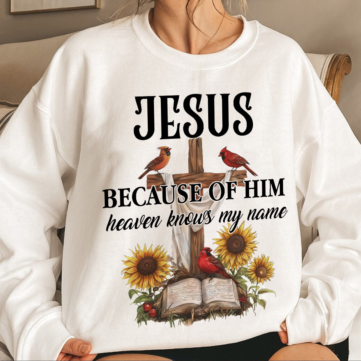 Teesdily | Jesus Christ Cardinal Shirt, Because Of Him Heavens Knows My Name Shirt, Christian Gift, God Believers Unisex Tshirt Hoodie Sweatshirt Mug