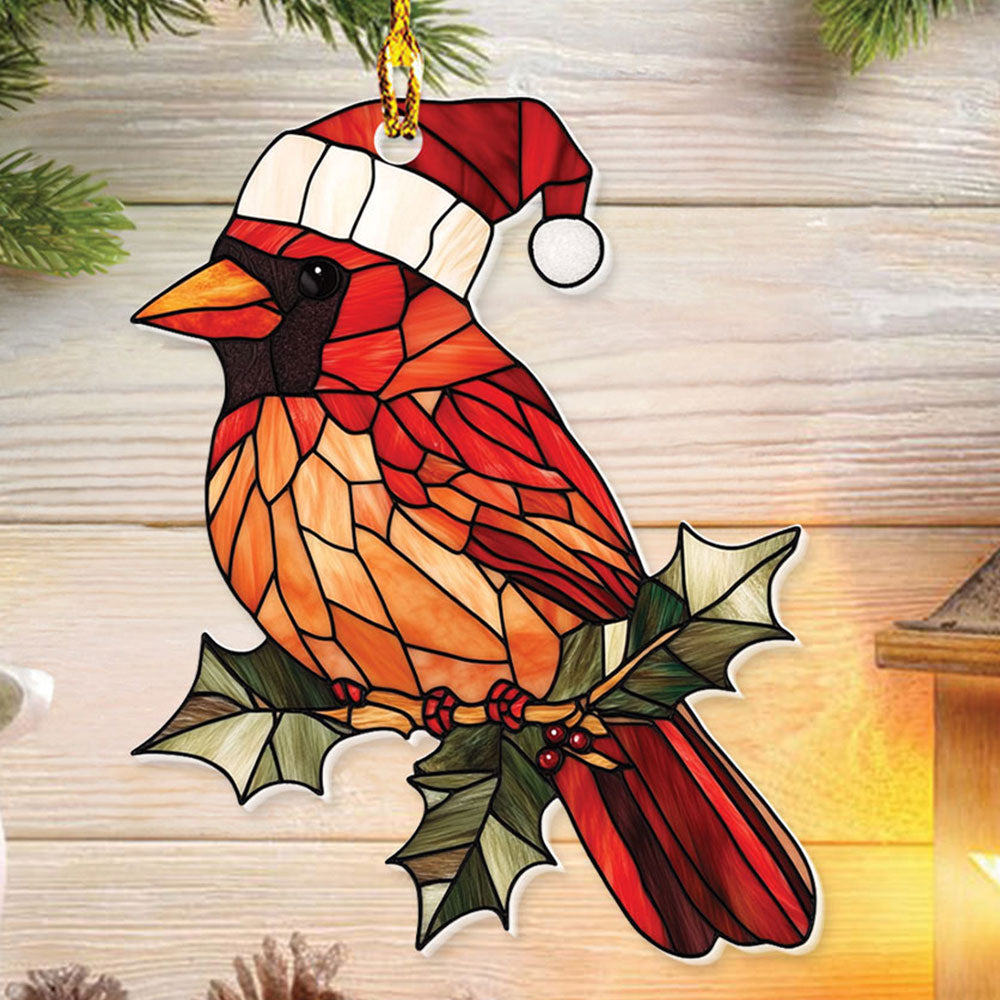 Teesdily | Cardinal Christmas Hat Stained Glass Printed Ornament Hanging, Cardinal Ornament Christmas Decoration, Christmas Gift