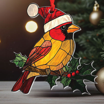 Teesdily | Cardinal Christmas Hat Stained Glass Printed Ornament Hanging, Cardinal Ornament Christmas Decoration, Christmas Gift