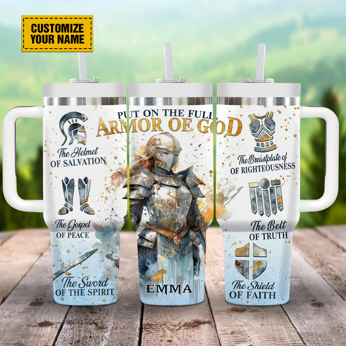 Teesdily | Personalized Full Armor Of God 40oz Water Tumbler With Straw, Warrior Woman Christian Insulated Tumbler With Handle, Daughter Of God Gifts