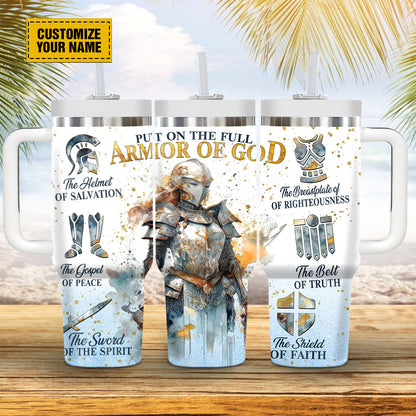 Teesdily | Personalized Full Armor Of God 40oz Water Tumbler With Straw, Warrior Woman Christian Insulated Tumbler With Handle, Daughter Of God Gifts