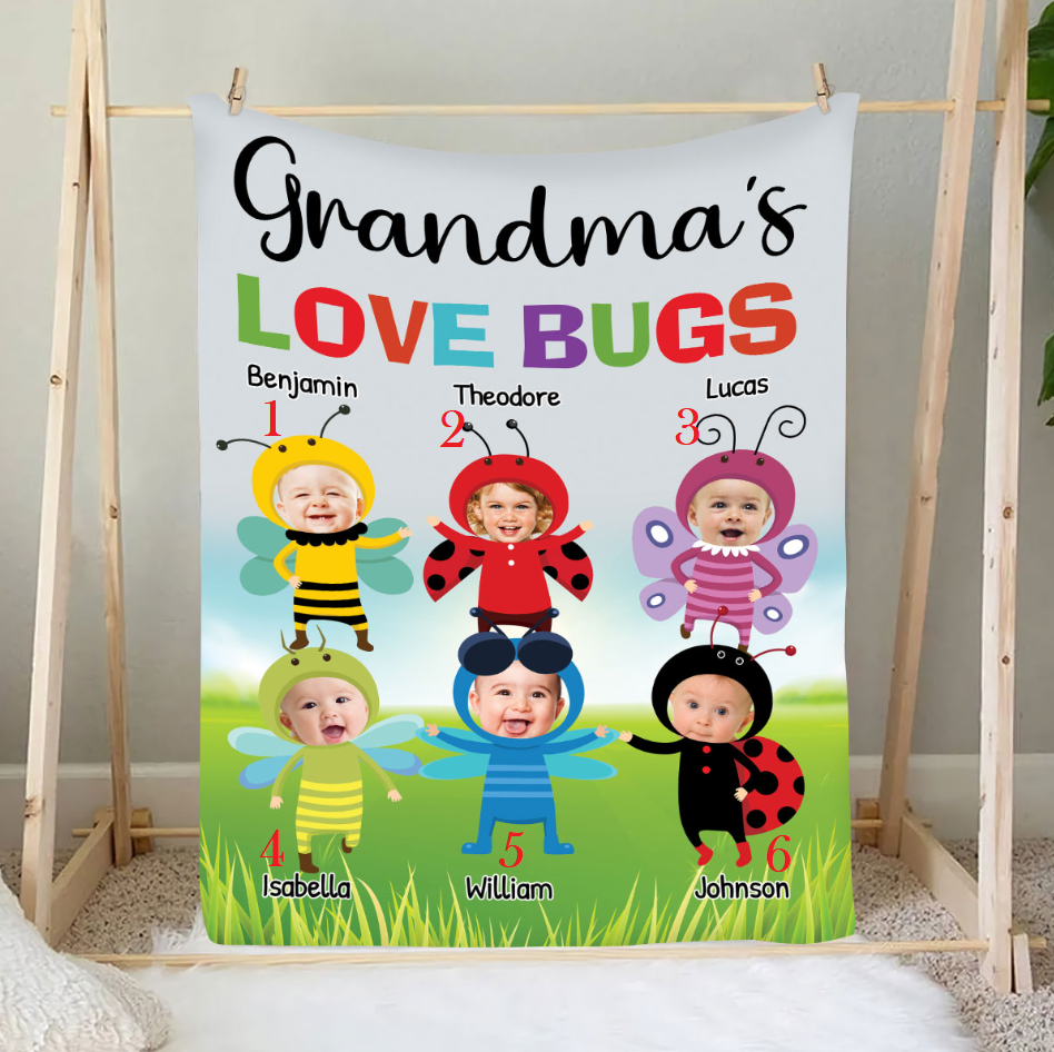 Teesdily | Grandma's Love Bugs Personalized Fleece Blanket With Kid's Faces Custom Grannie Sherpa Blanket Grandmom Mother's Day Funny Gift Ideas