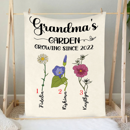 Teesdily | Grandma's Garden Growing Since Customized Year Throw Blanket Floral Print Vintage Sherpa Fleece Blanket Mothers Day Custom Gifts