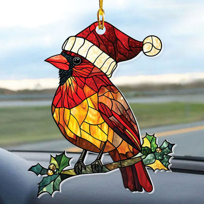 Teesdily | Cardinal Christmas Hat Stained Glass Printed Ornament Hanging, Cardinal Ornament Christmas Decoration, Christmas Gift