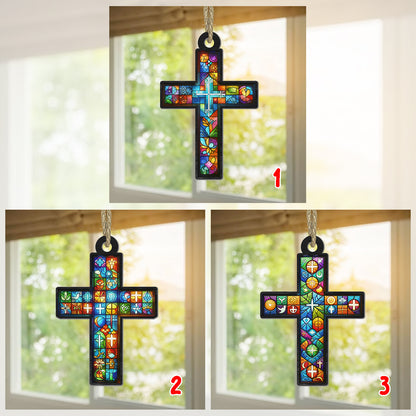 Teesdily | Customized Suncatcher Style, Jesus Cross Suncatcher Christmas Ornament, Xmas Home Decoration, Jesus Lovers Gift, God Faith Believers Gifts