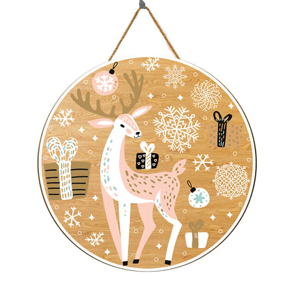 Teesdily | Customized Cute Merry Christmas Reindeer Round Wood Sign Xmas Pattern  Wood Sign Dorm Welcome Sign Christmas Decoration