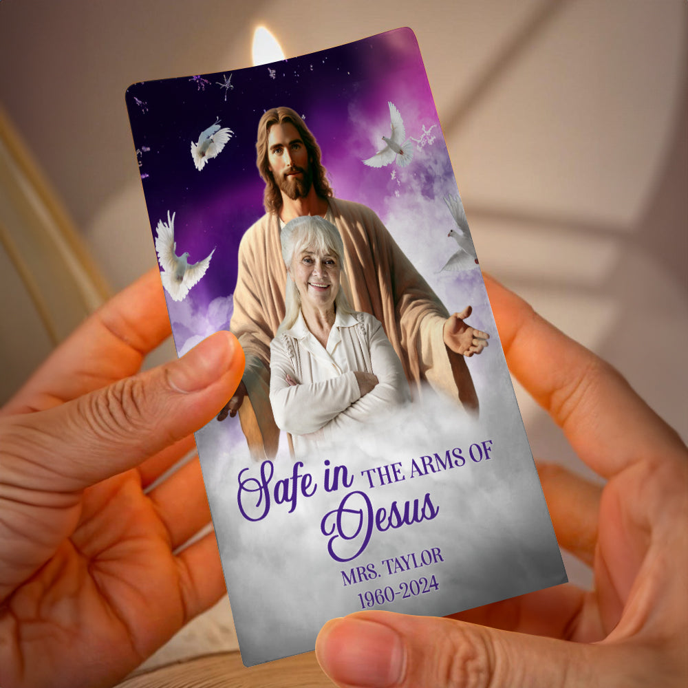 Teesdily | Customized Memorial Jesus Christ Led Candle, Safe In The Arms Of Jesus Flameless Candle Christmas Gift, Keepsake Gift