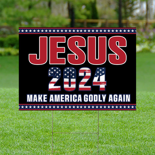 Teesdily | Jesus Make America Pray Again Yard Sign, Christ 2024 Garden Outdoor Sign, American Flag Patriot Lawn Sign, Yard Decor Independence Gifts