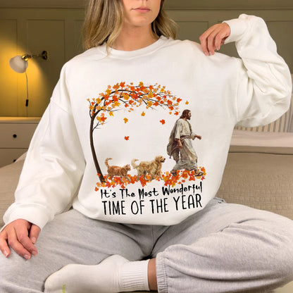 Teesdily | Jesus Golden Retriever And Cat Shirt, It's The Most Wonderful Time Of The Year Sweatshirt Hoodie Mug, Dog Cat Lover Gift