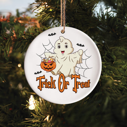 Teesdily | Cute Ghost Halloween Car Ornament, Trick Or Treat Ceramic Car Hanging Ornament, Halloween Ornament Decor, Happy Halloween Gift