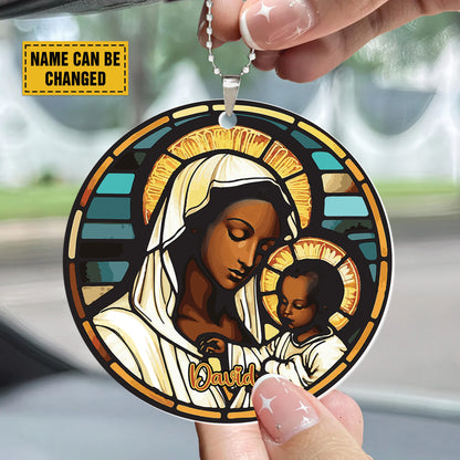 Teesdily | Customized Virgin Mary And Baby Jesus Acrylic Ornament, Merry Christmas Ceramic Car Hanging Ornament, Christmas Custom Gift