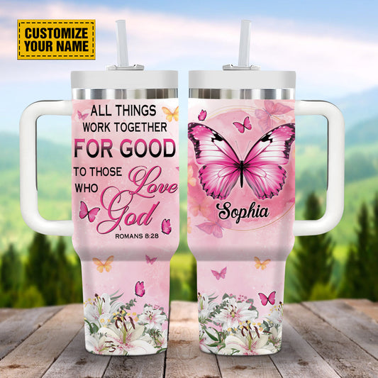 Teesdily | Customized Floral Butterfly Romans 8 28 Tumbler, All Things Work Together Travel Cup, Christian Gift For Girls 40oz Tumbler