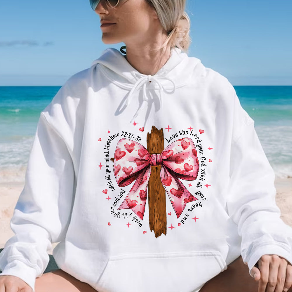 Teesdily | Jesus Cross Bow Shirt, Pink Bow Coquette Valentine Sweatshirt, Love The Lord Your God With All Your Heart Hoodie Mug