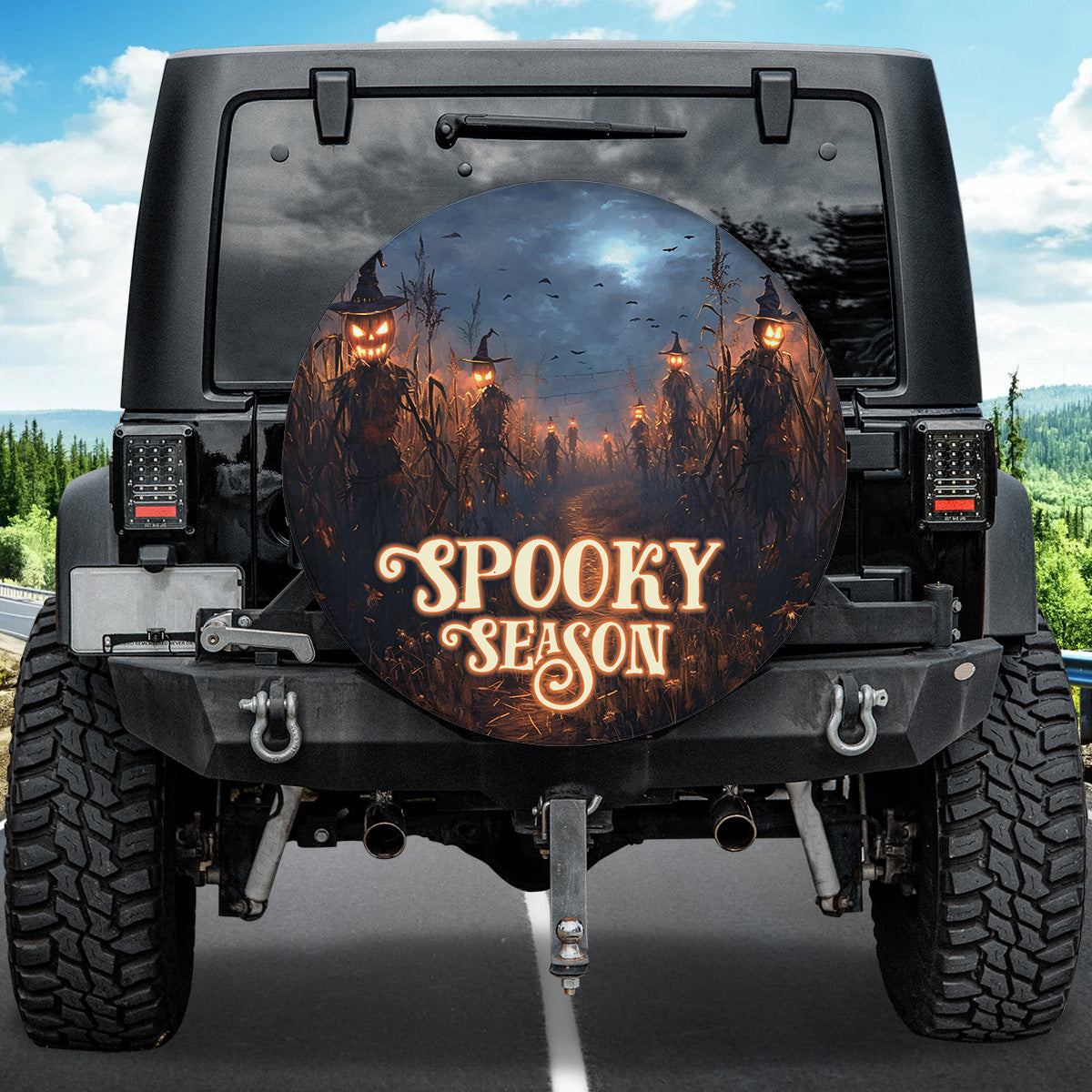 Teesdily | Halloween Spooky Season Car Spare Tire Cover, Scarecrow Pumpkin Corn Farming Car Wheel Cover, Car Decoration, Halloween Gifts