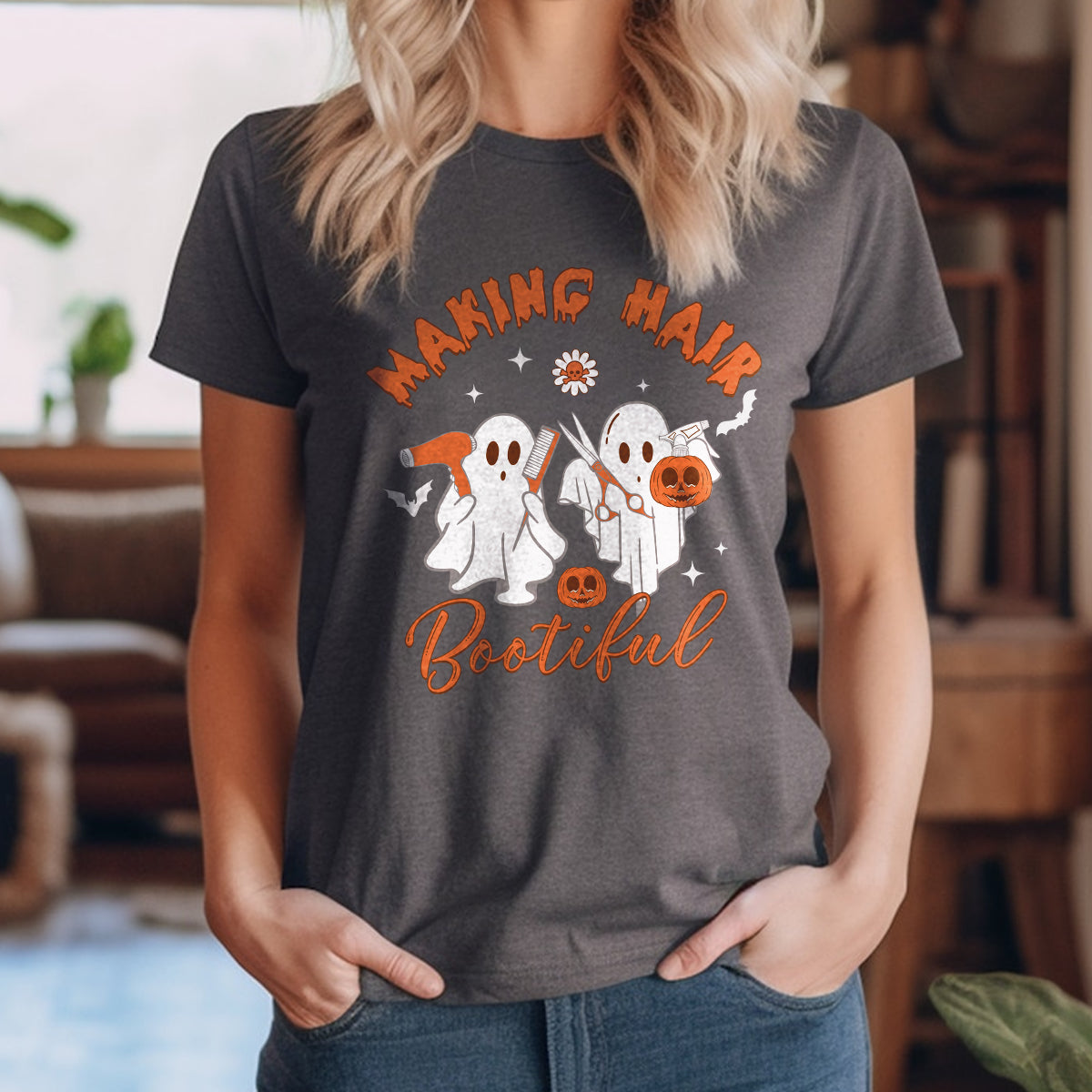 Teesdily | Hairstylist Halloween T-shirt, Making Hair Bootiful Cute Ghost Tee Sweatshirt Hoodie Mug, Halloween Hairdresser Gift, Cute Spooky Gifts